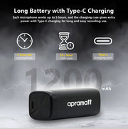 APRAMATT® (AWM-101) 2-in-1 Wireless Microphone, 2.4GHz, Magnetic Collar Clip, 360° Sound Capture, 50m Range, 6Hr Battery, Type C-to-C & C to LTC, DSLR, iOS & Android Compatible, for Interviews & Vlogging