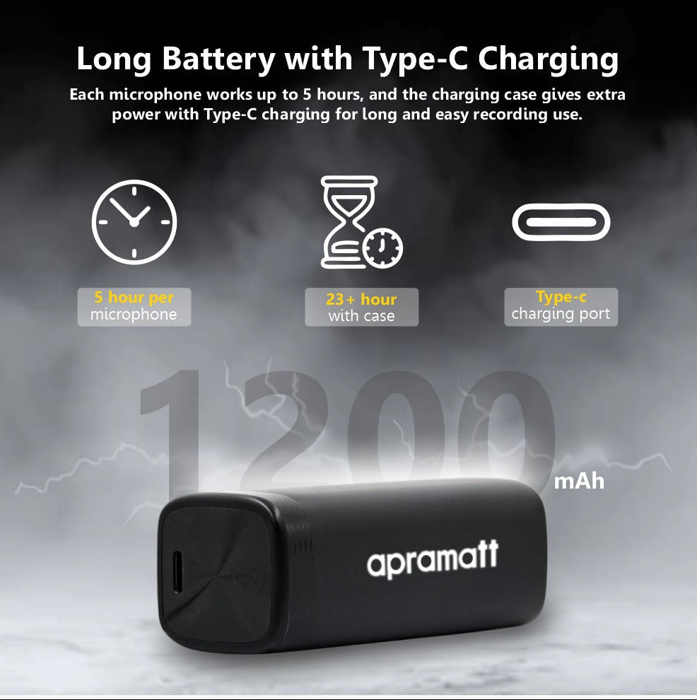 APRAMATT® (AWM-101) 2-in-1 Wireless Microphone, 2.4GHz, Magnetic Collar Clip, 360° Sound Capture, 50m Range, 6Hr Battery, Type C-to-C & C to LTC, DSLR, iOS & Android Compatible, for Interviews & Vlogging