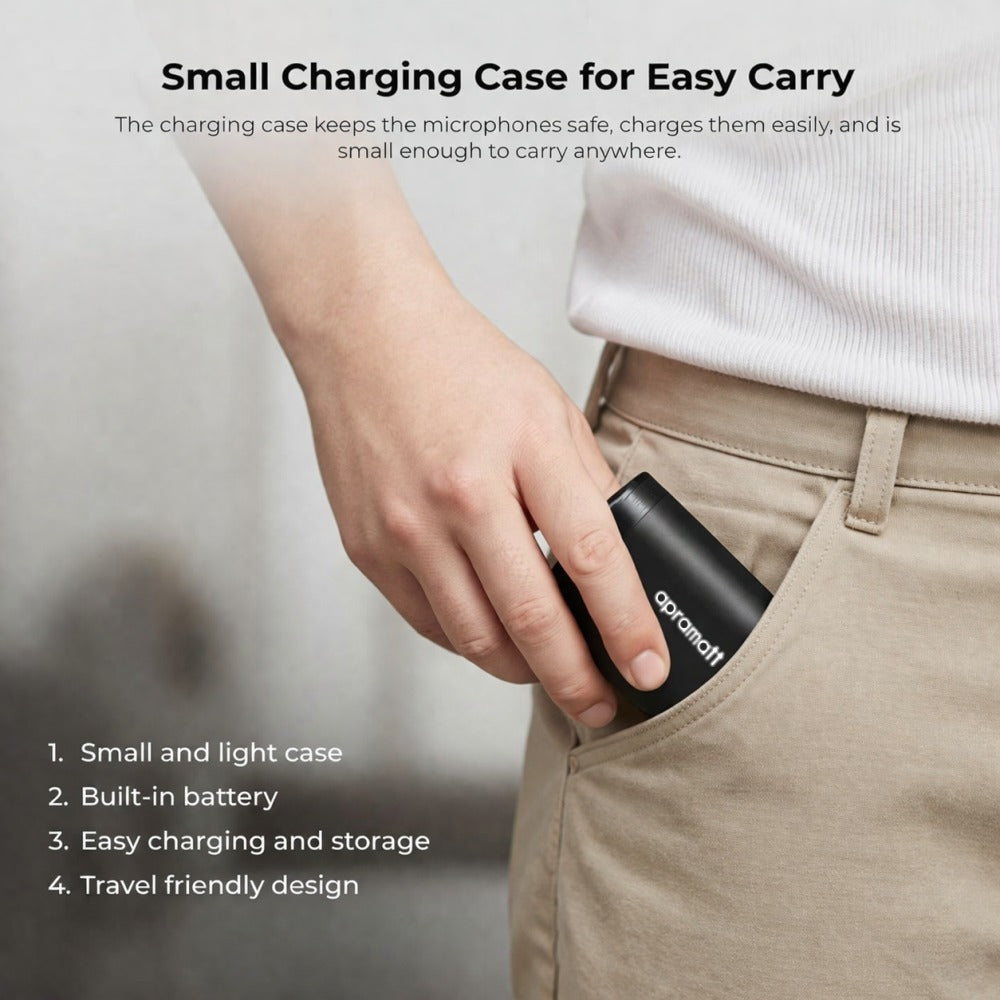 APRAMATT® (AWM-101) 2-in-1 Wireless Microphone, 2.4GHz, Magnetic Collar Clip, 360° Sound Capture, 50m Range, 6Hr Battery, Type C-to-C & C to LTC, DSLR, iOS & Android Compatible, for Interviews & Vlogging