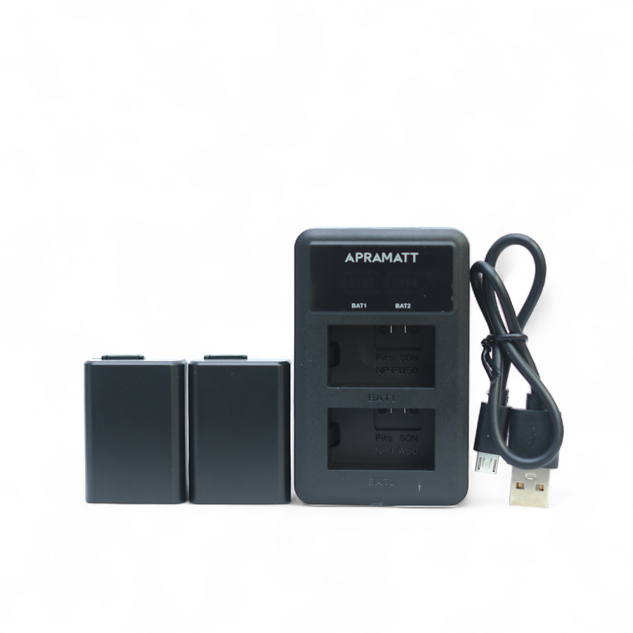 APRAMATT Dual LCD Charger for Sony NP-FW50 Battery, Compatible with NEX-3/5/6/7, A5000, A5100, A6000, A6300, A6400, A6500, A7, A7R, SLT-A55