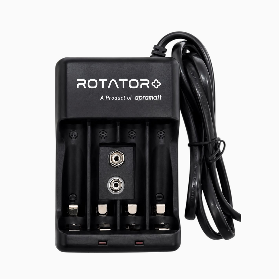 Rotator BC 705W 3-in-1 battery charger in black with four AA/AAA slots, 9V terminals and power cable