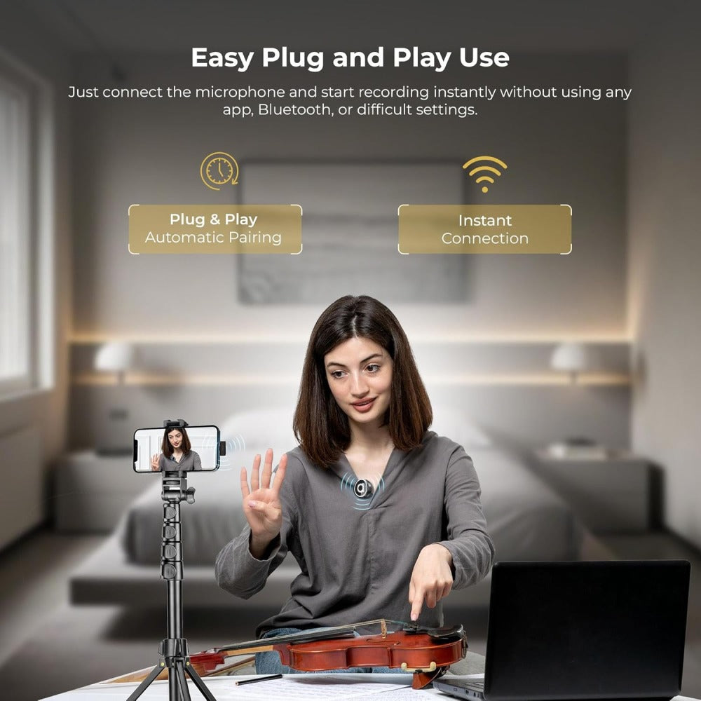 APRAMATT® (AWM-101) 2-in-1 Wireless Microphone, 2.4GHz, Magnetic Collar Clip, 360° Sound Capture, 50m Range, 6Hr Battery, Type C-to-C & C to LTC, DSLR, iOS & Android Compatible, for Interviews & Vlogging