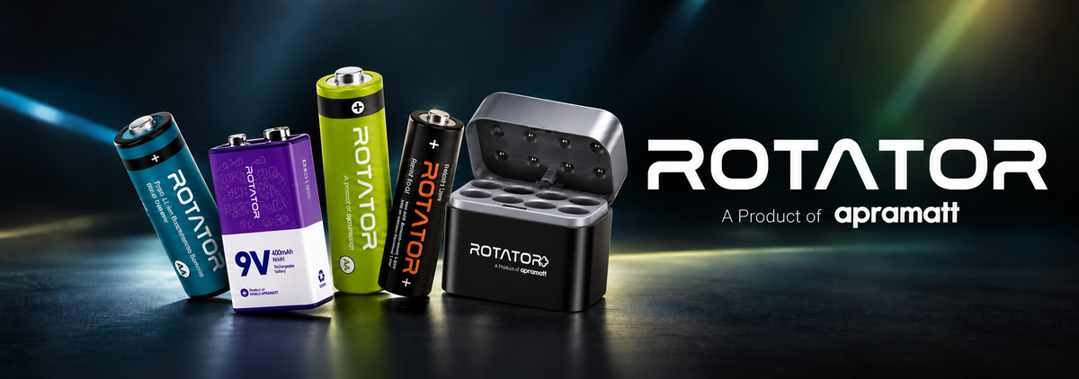 Banner: Rotator by APRAMATT rechargeable AA, 9V and Li-ion cells with charger case