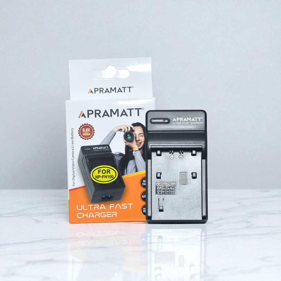 Apramatt Ultra Fast Charger for Sony NP-FH100 Battery, Compatible with HDR-CX1/CX7/CX12, HDR-SR10/SR11/SR12, DSC-HX1/HX100V/HX200V