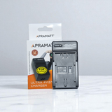 APRAMATT Ultra Fast Charger for Panasonic VW-VBD58 batteries beside its retail box
