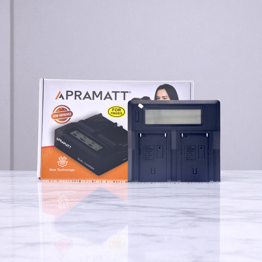 APRAMATT Dual LCD Charger for Sony NP-F960/F970/F770/F550 Battery, Compatible with HVR-Z1, DCR-VX2100, HDR-FX1, FX7, LED Video Lights