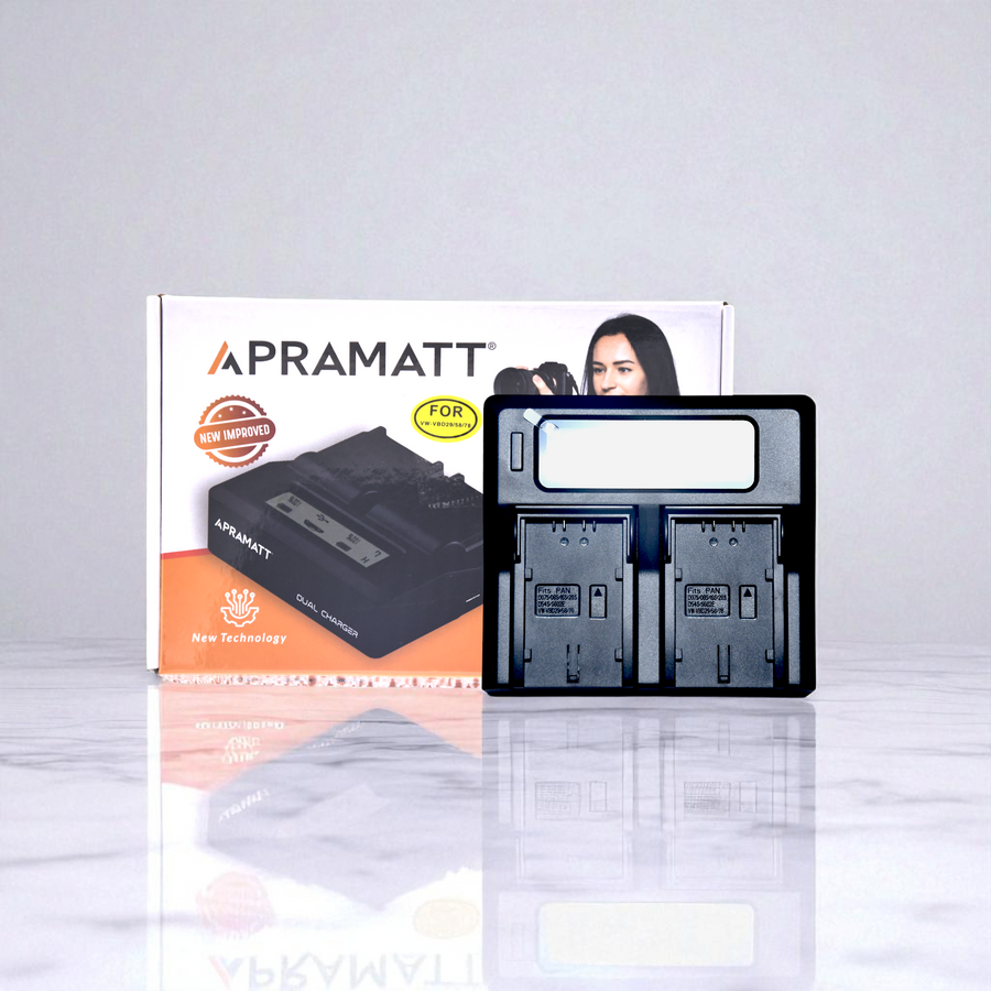 APRAMATT Dual LCD Charger for Panasonic VW-VBD58 Battery, Compatible with AG-CX350, AG-UX90, AG-UX180, AG-DVX200, AJ-PX230, HC-MDH2, HC-X1000