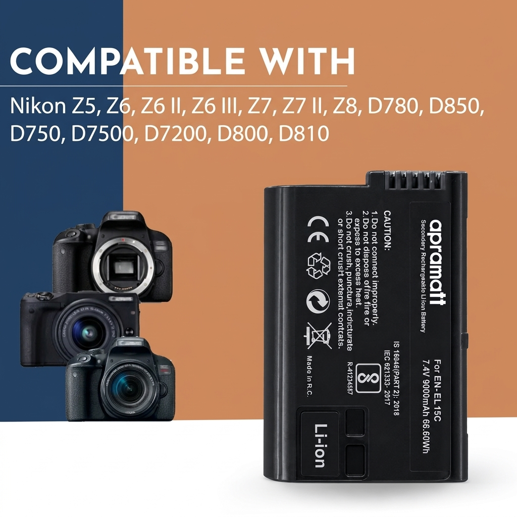 Apramatt EN-EL15C 9000mAh Nikon Camera Battery Compatible with Z5 Z6 Z6 II Z6 III Z7 Z7 II Z8 D780 D850 D750 D7500 D7200 D800 D810