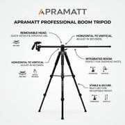 Boom tripod features: removable head, horizontal to vertical in seconds, integrated boom, 360 pan