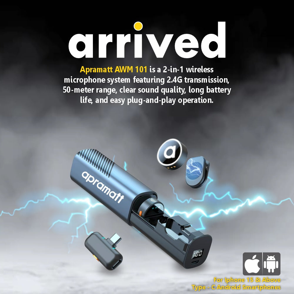 APRAMATT® (AWM-101) 2-in-1 Wireless Microphone, 2.4GHz, Magnetic Collar Clip, 360° Sound Capture, 50m Range, 6Hr Battery, Type C-to-C & C to LTC, DSLR, iOS & Android Compatible, for Interviews & Vlogging